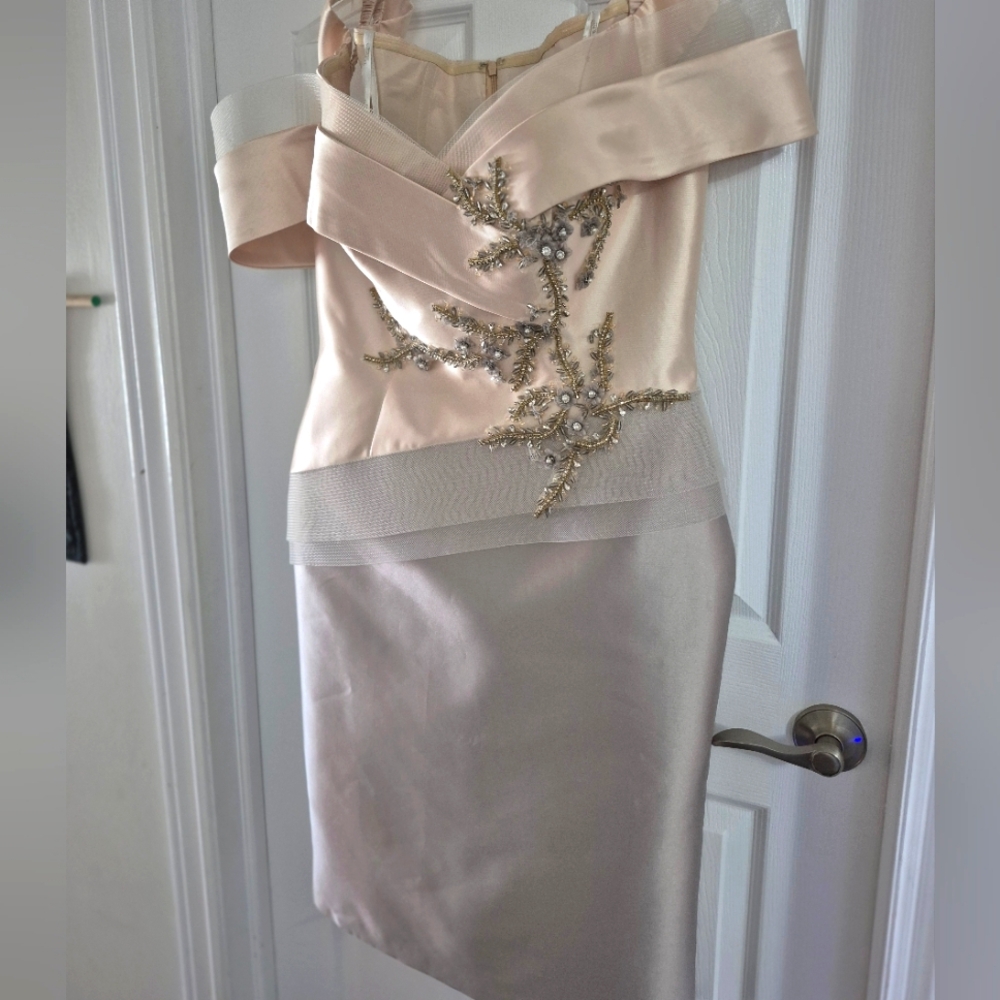Terani Couture Dress.Elegant Cream Off-Shoulder Custom Dress with Embellishments